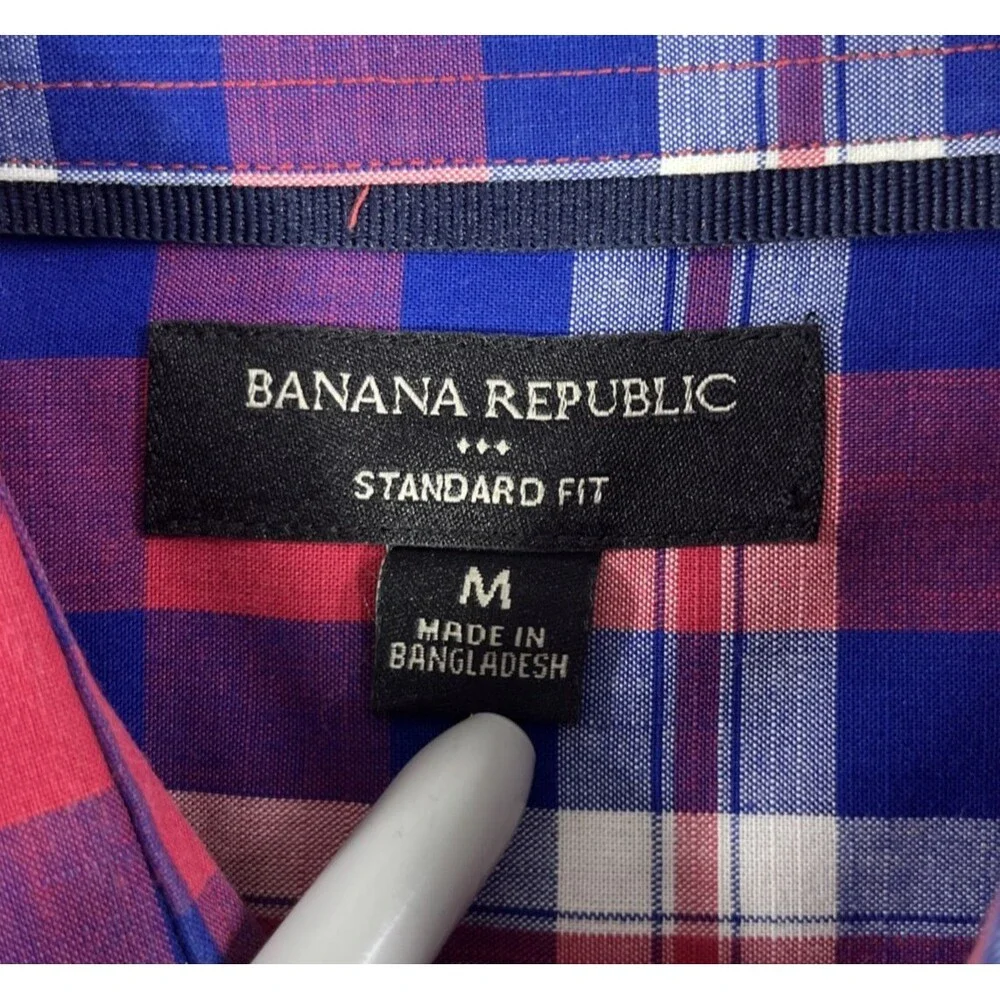 Banana Republic Mens Medium Red Blue‎ Plaid Button Down Classic Fit Shirt